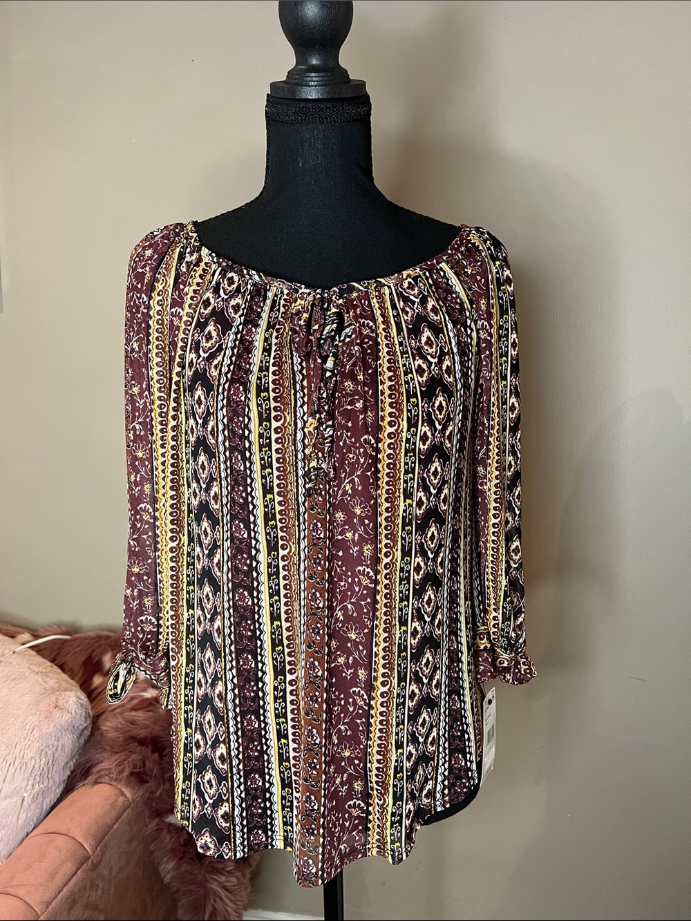 BCX Burgundy and Black Boho Peasant Blouse with Yellow Accents
